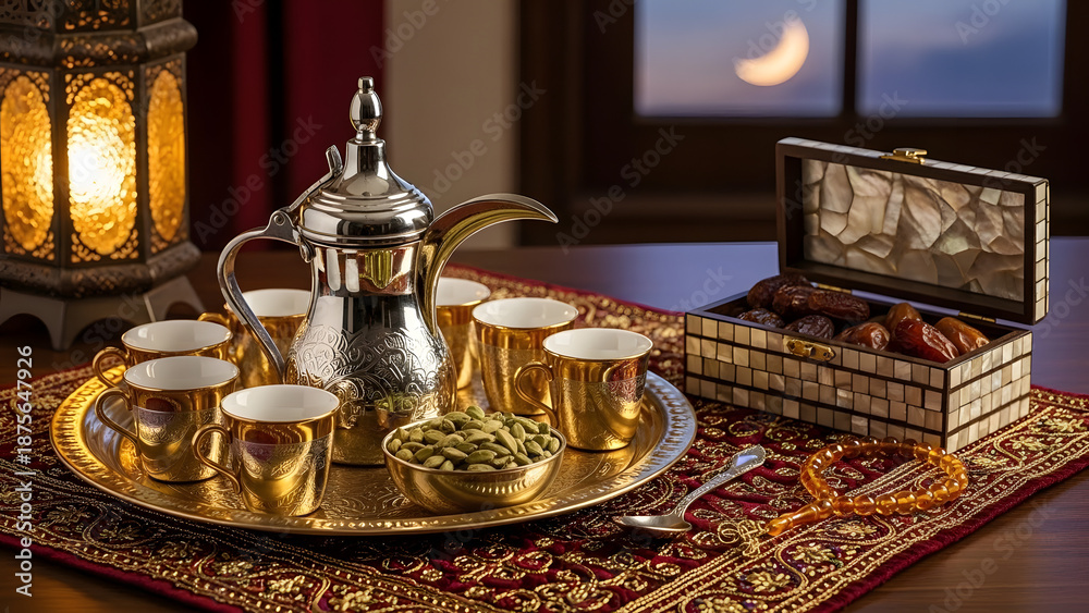 Fototapeta premium A Festive Feast: An ornate golden tray filled with elegant cups, a shimmering coffee pot, a treasure chest of dates, and a delicate chain of beads.