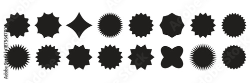 Set of circles with zigzag edges, Sunburst sticker shapes, Rounded starburst zigzag badge, spiky oval, circle and star shaped price tag, discount and sale label stickers, sale badge offer promo tag