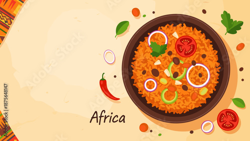 West African Jollof rice served in a round bowl, garnished with vegetables, ideal for culinary publications and cultural food marketing