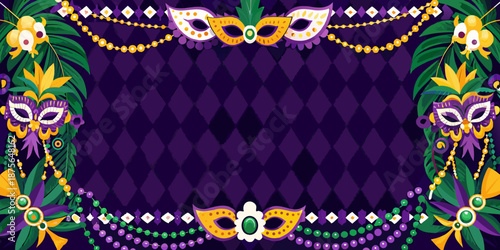 Mardi Gras Mask Border with Purple Background and Colorful Beads