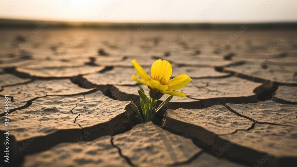 Fototapeta premium Single yellow flower blooming amidst cracked, barren earth under a warm sunset