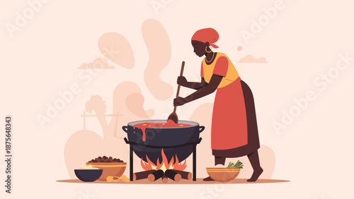 African woman cooking over an open fire, ideal for cultural heritage campaigns and culinary publications focused on traditional cooking methods