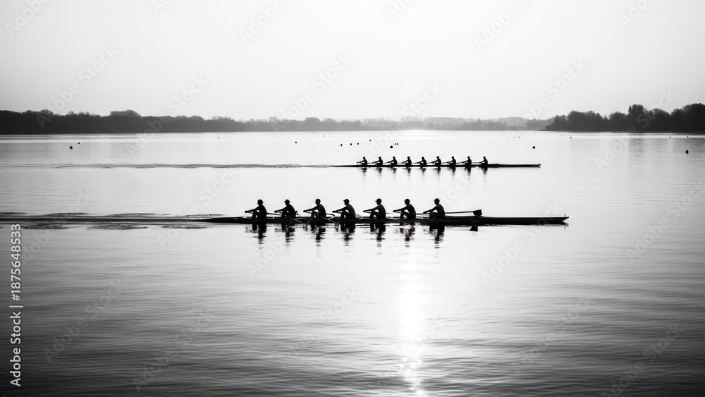 Naklejka premium Two rowing teams compete on a calm lake at dawn, monochrome scene