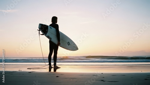 Surfer with board watches sunrise on beach. Horizon, calm water, and soft light