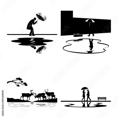 Deer herd and nature reflection silhouette composition set in minimal style