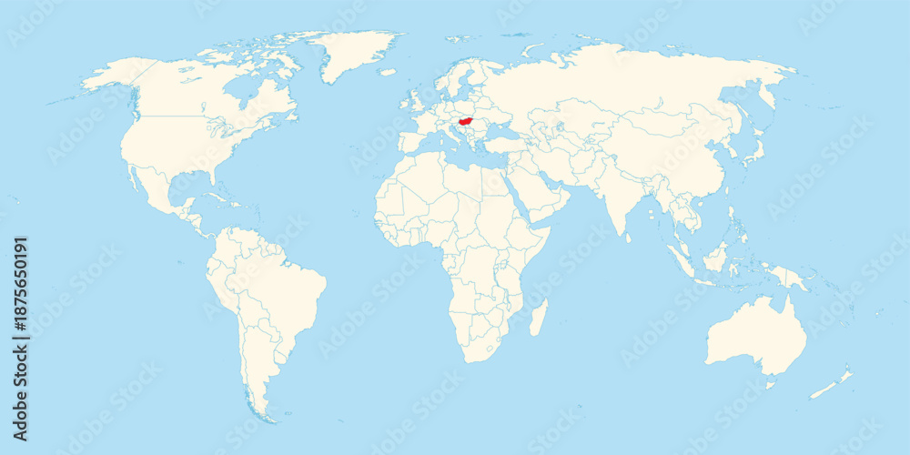 Obraz premium Detailed world map showing the specific location of Hungary highlighted in red color within Europe continent
