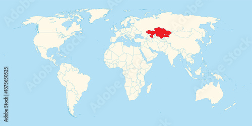 Kazakhstan location highlighted in red on a clean world map representing the central asian region