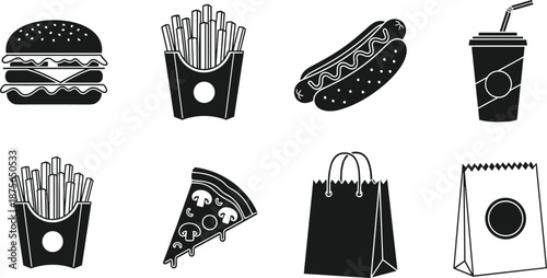 Fast food icon silhouettes set, burger fries hotdog pizza soda takeaway bags, restaurant snack symbols, black vector illustration