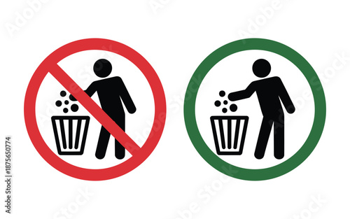 Two contrasting circular icons depicting opposite actions of littering and responsible waste disposal next to a trash can with items being thrown in