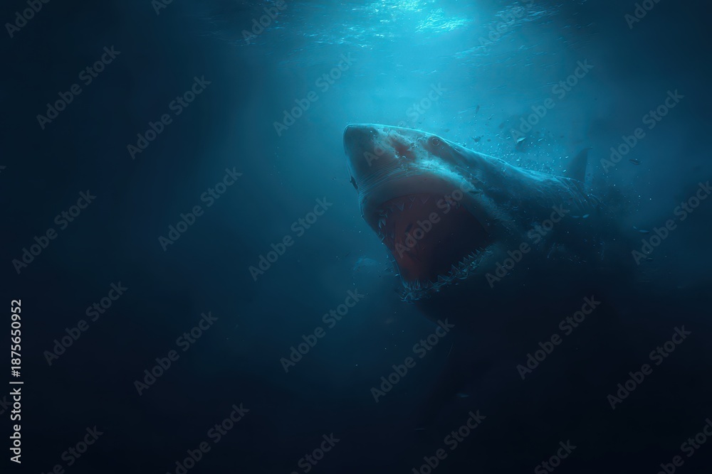 Fototapeta premium A large great white shark swims in deep blue ocean water showing its teeth. It can represent danger, adventure, marine life, and power.