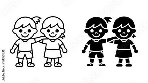 Simple black and white icon illustration showing two children, a boy and a girl, standing arm in arm as friends.