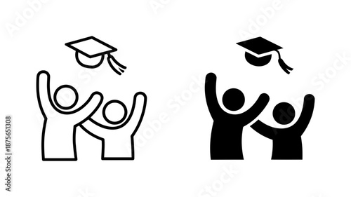 Graduation celebration icon showing two happy people tossing a cap in the air