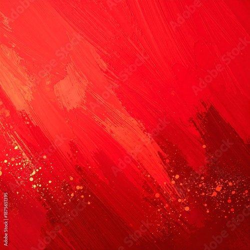 Vibrant red and shimmering gold paint strokes intertwine on a textured canvas, creating a dynamic and eye-catching abstract design full of energy.