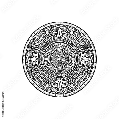 Ancient aztec sun stone engraving.