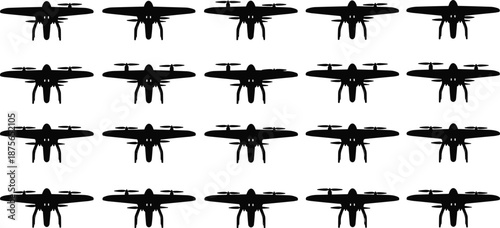Set of black silhouettes displaying hybrid fixed wing drones for surveillance and military operations isolated on white background.