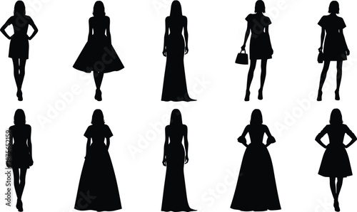 Female fashion silhouettes in elegant dresses, standing and walking women figures, stylish outfit poses isolated on white background