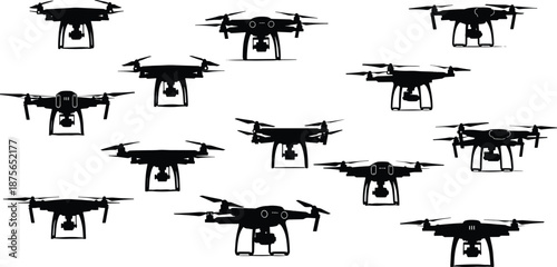 Black silhouette vector collection of many flying quadcopter drones isolated on white background for modern aerial surveillance technology concepts