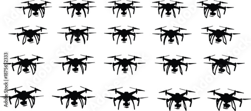 Set of Drone Silhouette Vector Icons Isolated on White Background for Aerial Photography Technology Concept and Unmanned Aircraft System Graphics