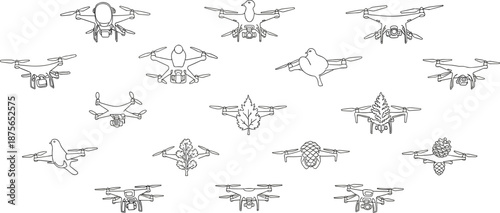 Creative Illustration of Surveillance Drones Camouflaged as Birds Leaves and Pinecones for Stealth Technology Privacy and Modern Espionage Concepts in Art