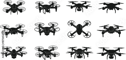 Set of Professional Quadcopter Drone Silhouette Icons Featuring Detailed Propellers and Camera Gimbals for Aerospace Technology Engineering and Aerial Photography Concepts