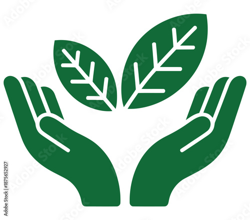 Two open green hands gently supporting and nurturing two small green leaves with white veins symbolizing growth and nature conservation efforts