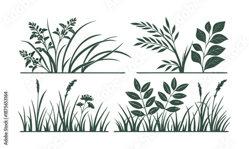 Nature Grass And Bush Plants Flat Vector Illustration Pack On White Background, easily editable.