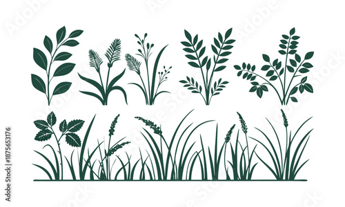 Green Grass And Bush Nature Elements Isolated Vector illustration Set On White Background, easily editable.