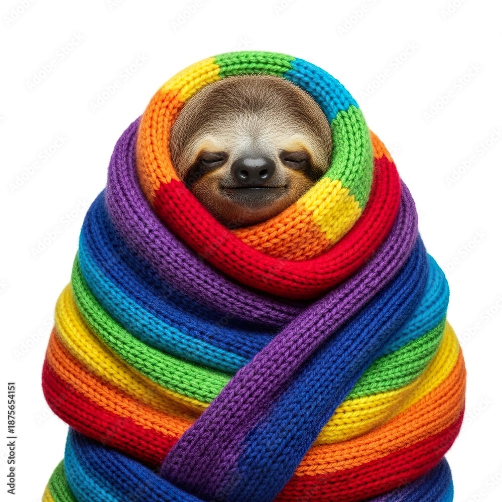 Fototapeta premium Adorable Sloth Snugly Wrapped in a Multicolored Rainbow Knitted Scarf Isolated on White Background