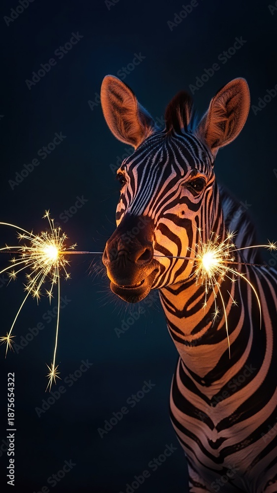 Obraz premium Surreal Night Portrait of a Zebra Holding Two Glowing Sparklers in Its Mouth Against a Dark Background