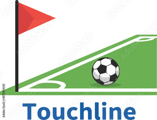 Soccer field corner illustration showing the touchline boundary with a red flag, a ball on the green pitch, and text label, vector isolated.
