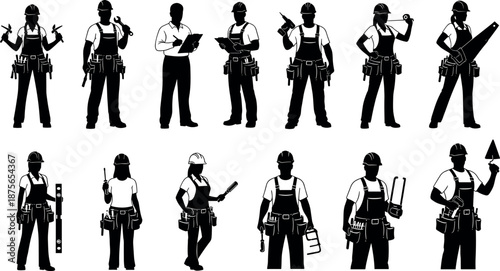 Diverse Construction Workers Silhouettes Set with Professional Tools Equipment for Building Industry Tradesmen Carpentry Masonry Engineering Architecture and Home Improvement Projects