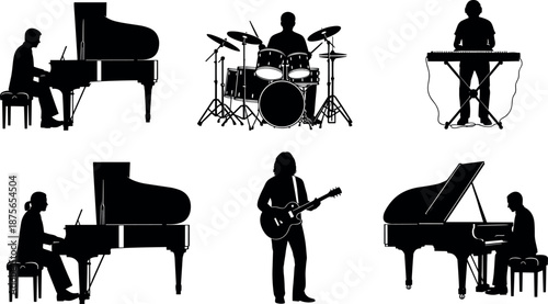 Musical Musician Silhouettes Collection with Pianist Playing Grand Piano Drummer on Drum Kit Electric Guitarist and Keyboard Performer Vector Illustrations
