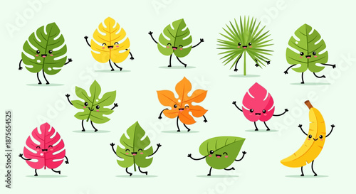 Cute tropical leaves and banana characters dancing and happy