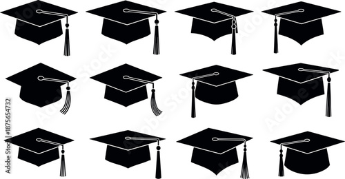 Set of graduation cap icons mortarboard vector silhouettes university academic ceremony celebration student achievement school college degree diploma education high school