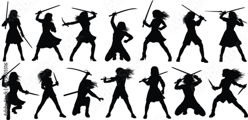 Female warrior silhouettes collection, sword fighting poses, action combat stances, strong women characters, fantasy martial arts, black illustration set