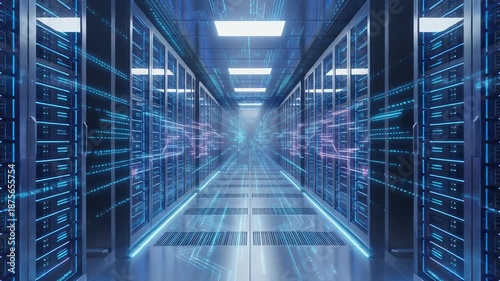 Futuristic data center corridor showcasing advanced technology and server infrastructure