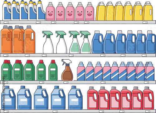 Supermarket shelf display with rows of various cleaning product bottles detergent spray containers and laundry supplies in retail store.