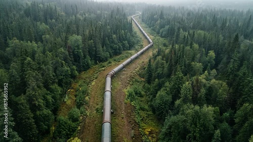 Aerial view of a winding pipeline through lush green forest landscape in a misty environment