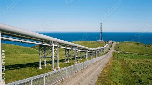 Industrial pipeline landscape with ocean view and clear blue sky for infrastructure projects