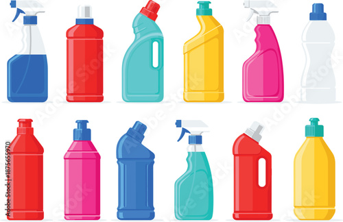 Household cleaning products set with plastic bottles for detergent bleach spray and liquid soap isolated on white background.