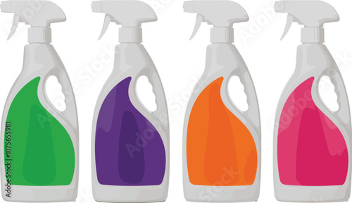 Set of four cleaning spray bottles in green purple orange and pink isolated on white background.