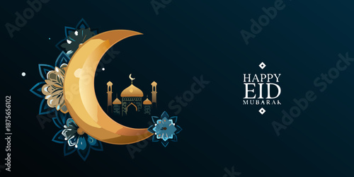 Eid mubarak celebration with crescent moon and mosque