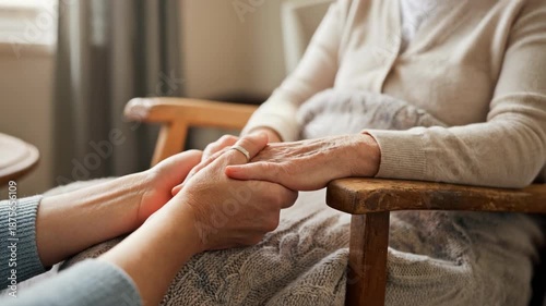 Heartwarming moment, young person holding elderly hand, showcasing love and care in a cozy home setting