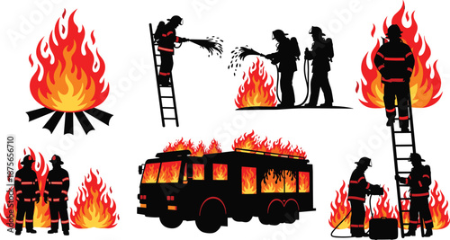 Firefighter silhouettes extinguishing fire, fire truck burning scene, emergency rescue action, firefighting service illustration set