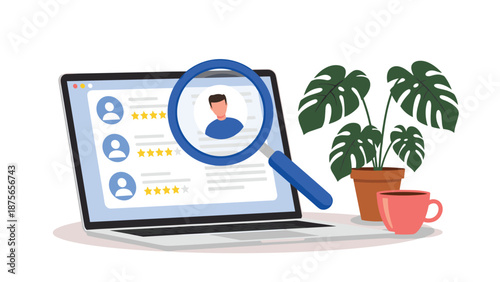 Laptop screen displaying job candidate profiles with ratings next to a potted plant and a cup of coffee on a professional office desk.