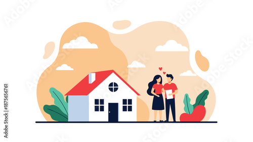 Happy couple standing next to their new house with a red roof to represent successful real estate purchase and home ownership happiness.