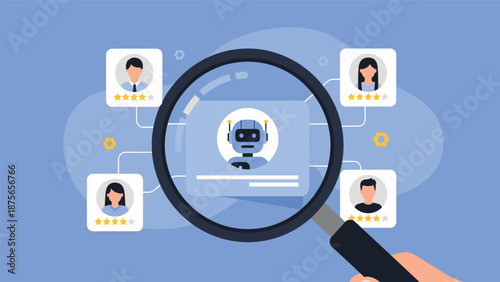 Magnifying glass focusing on a robot head icon among several human profiles to illustrate artificial intelligence in the workplace search.