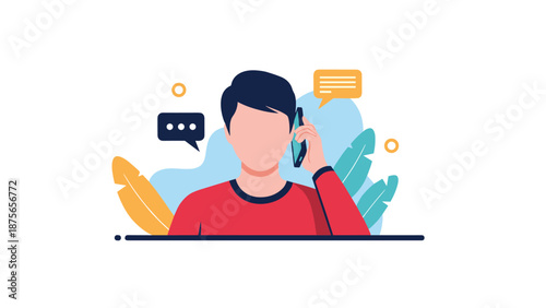Young man talking on his smartphone with speech bubbles around him to represent active communication and customer service interactions.