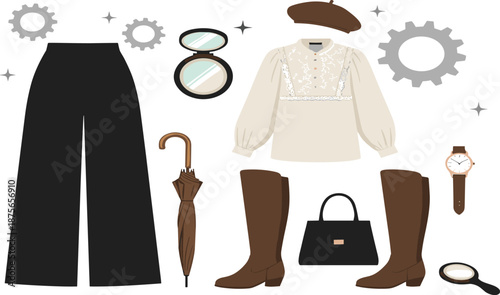 Women Fashion Outfit Flat Lay Vector Set with Clothing, Accessories, Boots, Handbag, and Vintage Style Elements