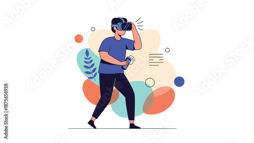 Gamer experiences virtual reality using a modern VR headset and hand controllers while standing against an abstract colorful background.